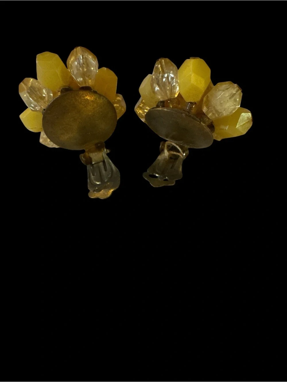 Vintage 1950s West Germany Yellow Beaded Cluster Clip-On Earrings — Mid-Century